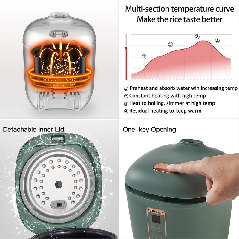 CHACEEF Mini Rice Cooker 2 Cups Uncooked, 1.2L Rice Cooker Small, Portable Non-Stick Small Travel Rice Maker, BPA Free, Smart Control Multifunction Cooker with 24 Hours Timer Delay & Keep Warm Function, Green - Image 5